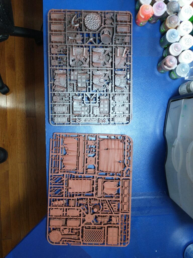 Spray primed terrain sprues brown and metallic brown