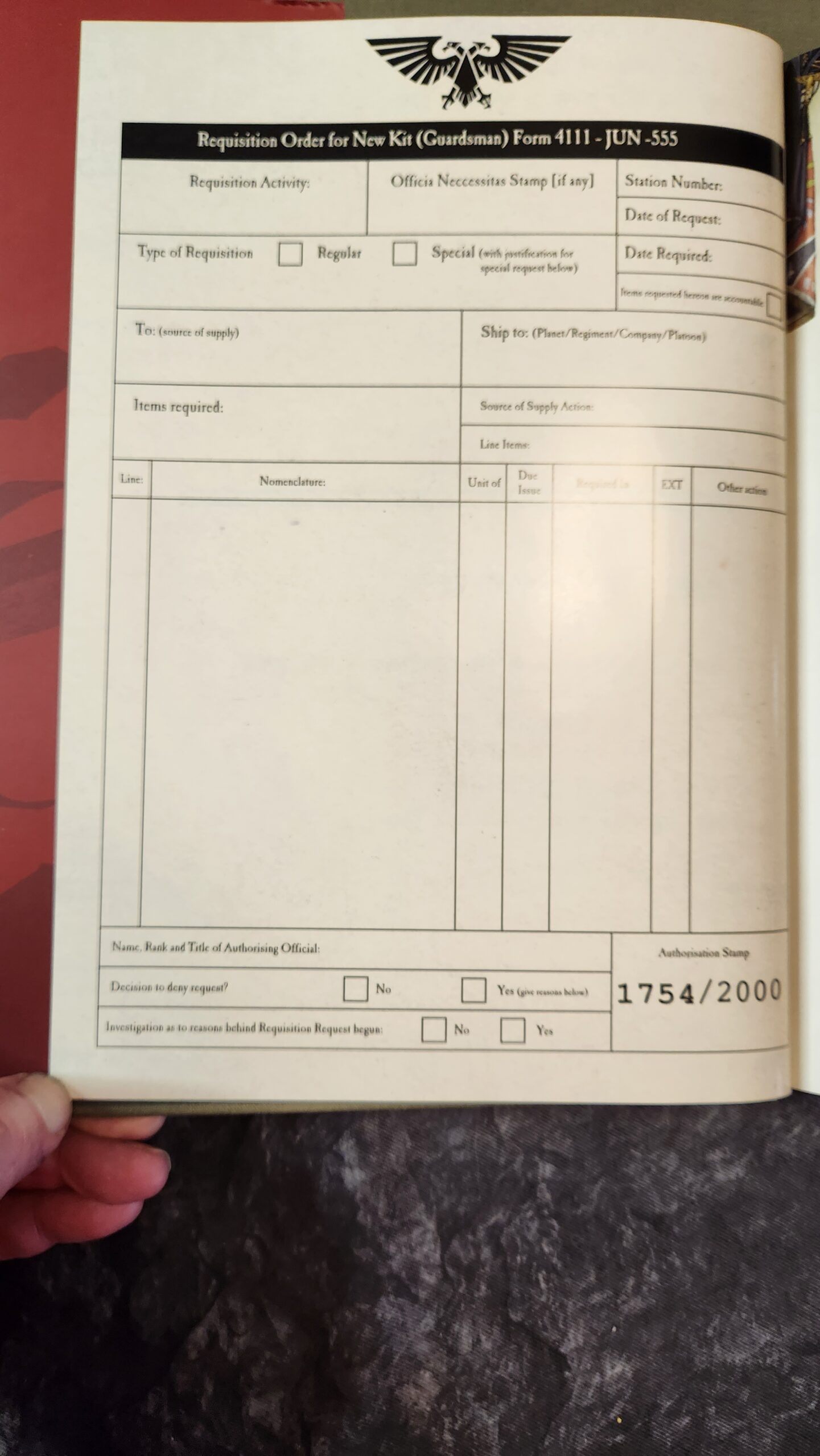 A picture of the form to requisition a new kit for an Imperial Guard soldier.